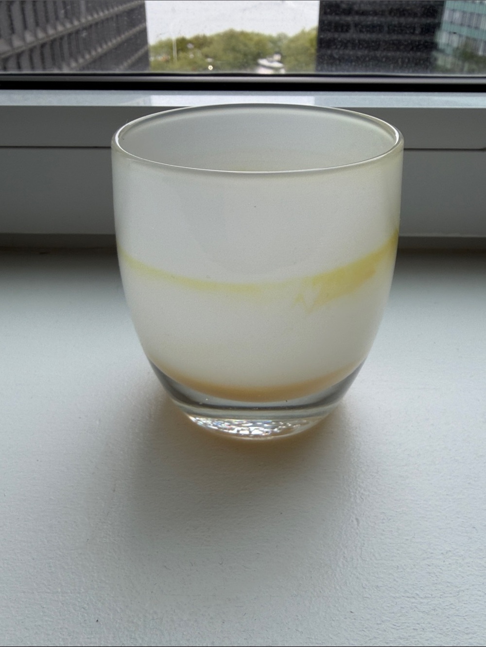 Glassybaby “Awesome Ain’t Easy” Yellow and White Glass Candle Votive